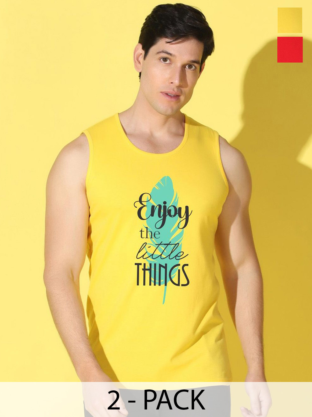 WOOSTRO Pack Of 2 Printed Knitted Gym Vest - VWS26(ENJOY YELLOW)(MORE RED)