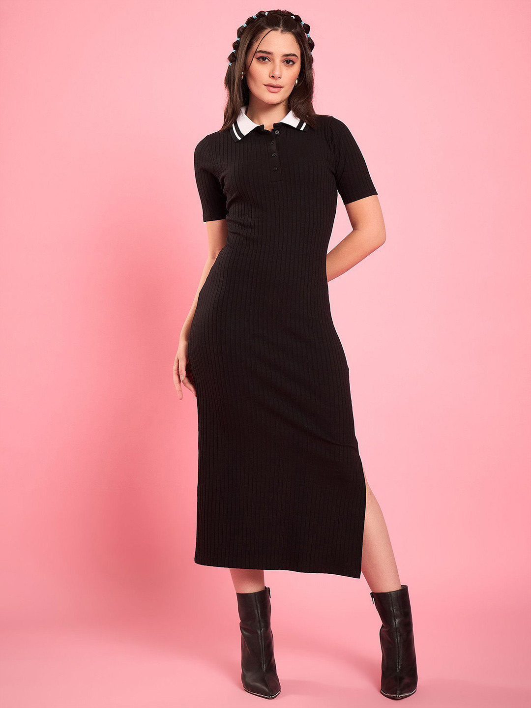 WineRed Women Self Design Slits Shirt Collared Bodycon Midi Dress