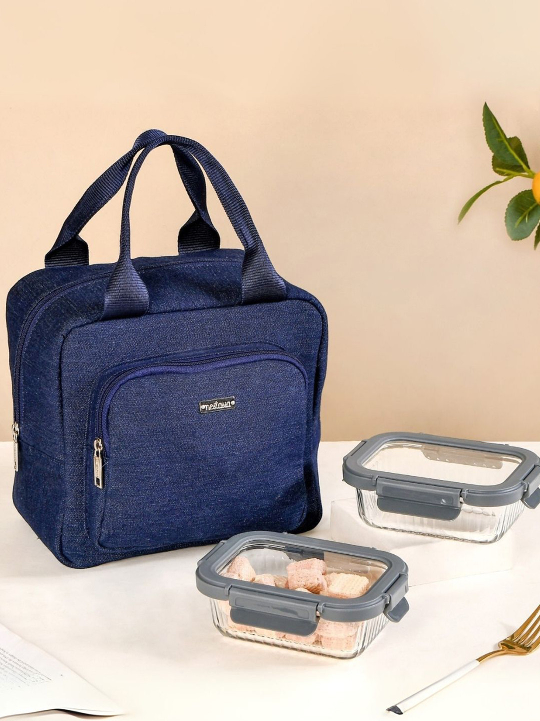 Nestasia The Luxe Transparent & Blue 3 Pieces Glass Lunch Box With Lunch Bag