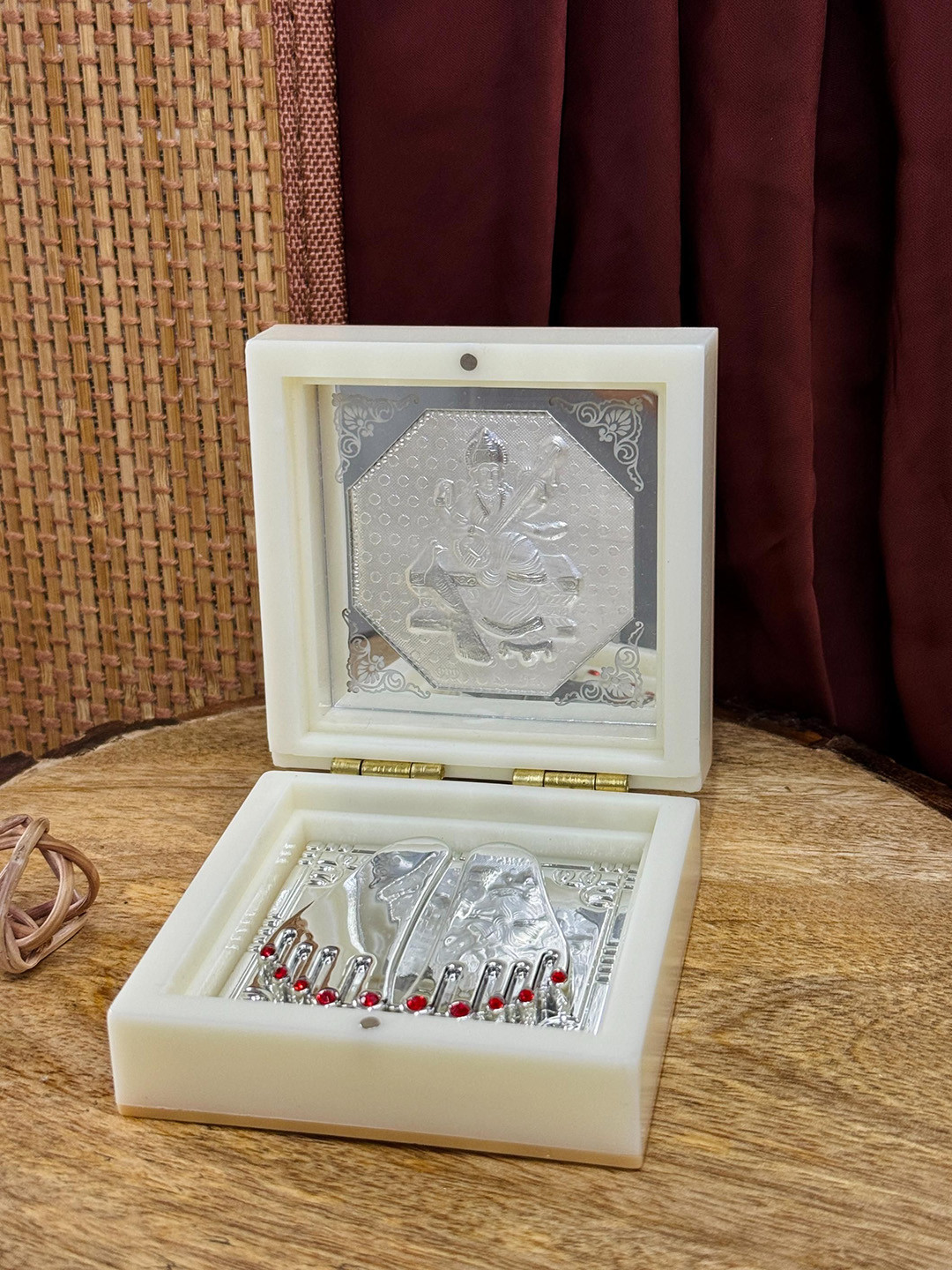 ABDESIGNS Silver Coated Goddess Saraswati With Charan Paduka