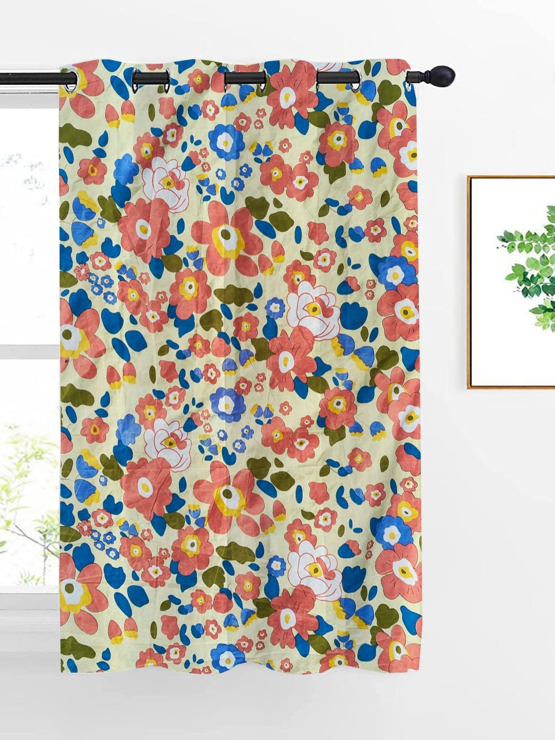 ANA Cream-Coloured & Blue Floral Room Darkening Window Curtain