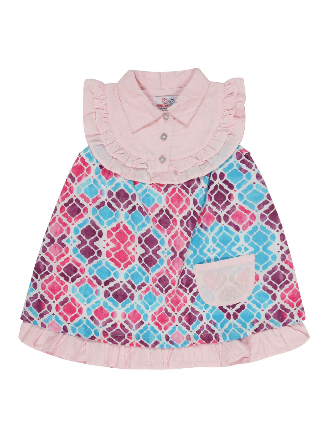 YOUNG BIRDS Girls Geometric Printed Flutter Sleeves Shirt Collar A-Line Dress