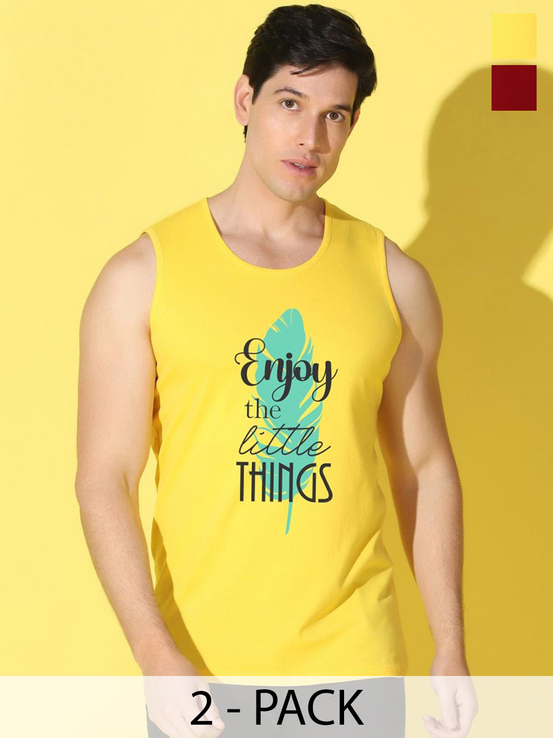 WOOSTRO 2-Pc Printed Odour-Free Cotton Innerwear Vests VWS26(ENJOY YELLOW)(98 MAROON)