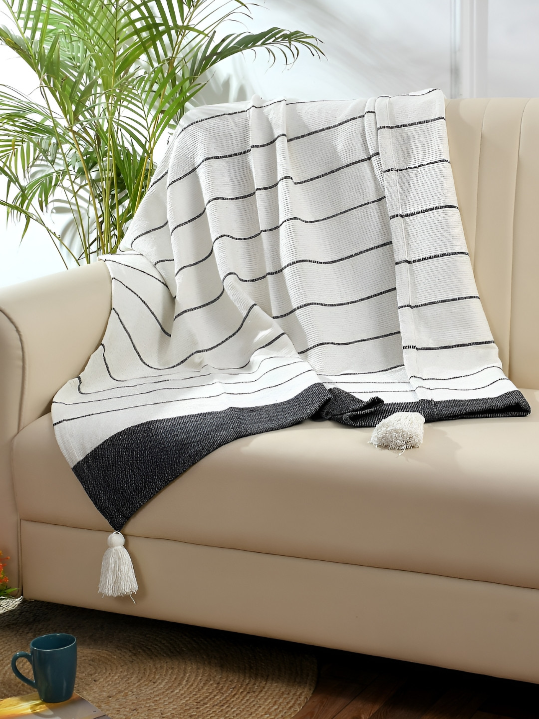 Homzz White & Black Striped Tasseled Throws