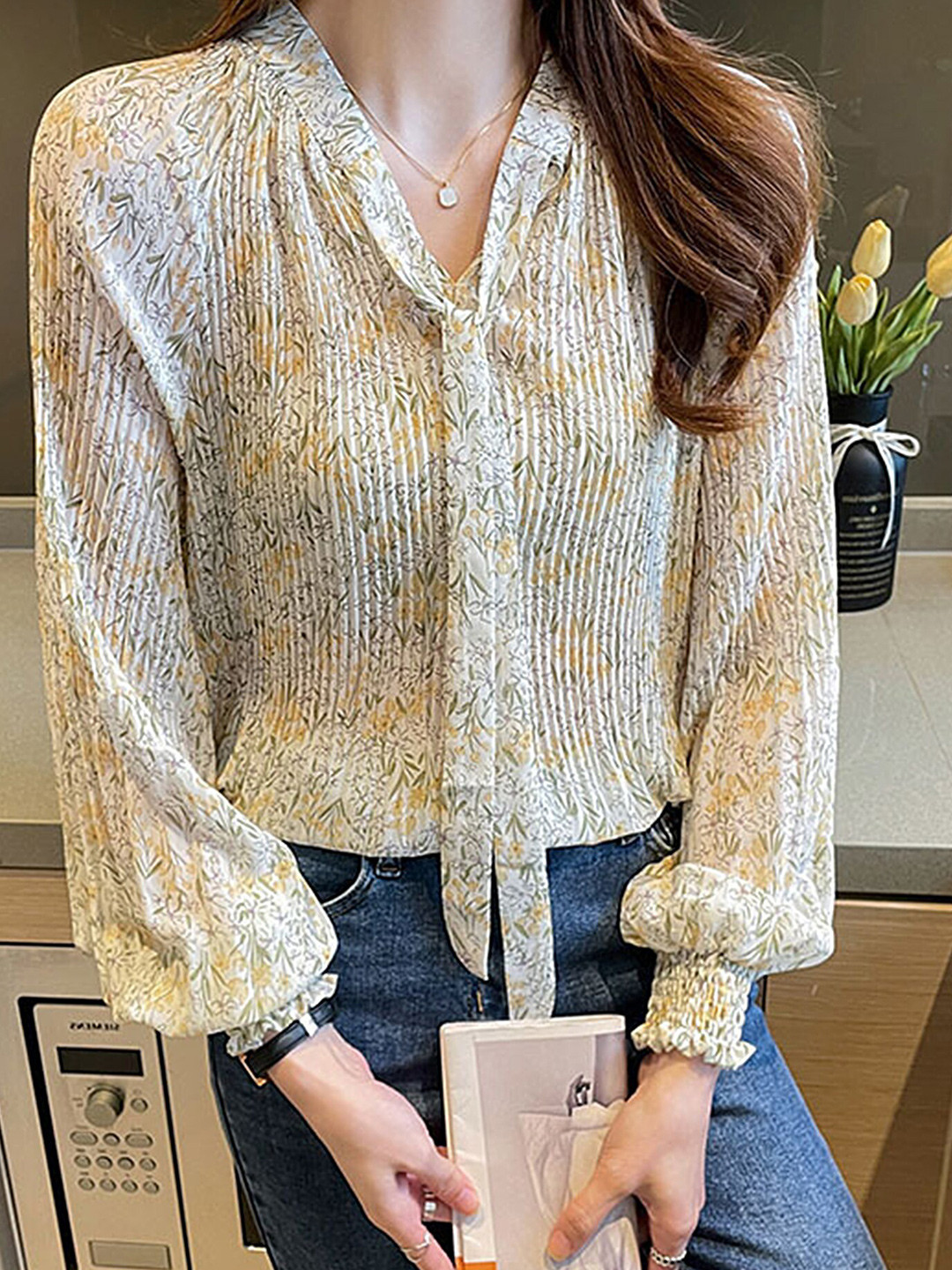 LULU & SKY Floral Printed Tie Up Neck Puff Sleeve Chiffon Regular Top