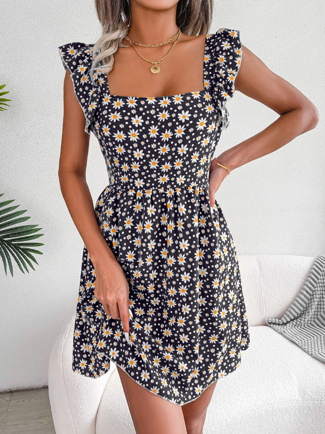 Mast & Harbour Women Black Floral Print Cap Sleeve Fit and Flare Mini Dress