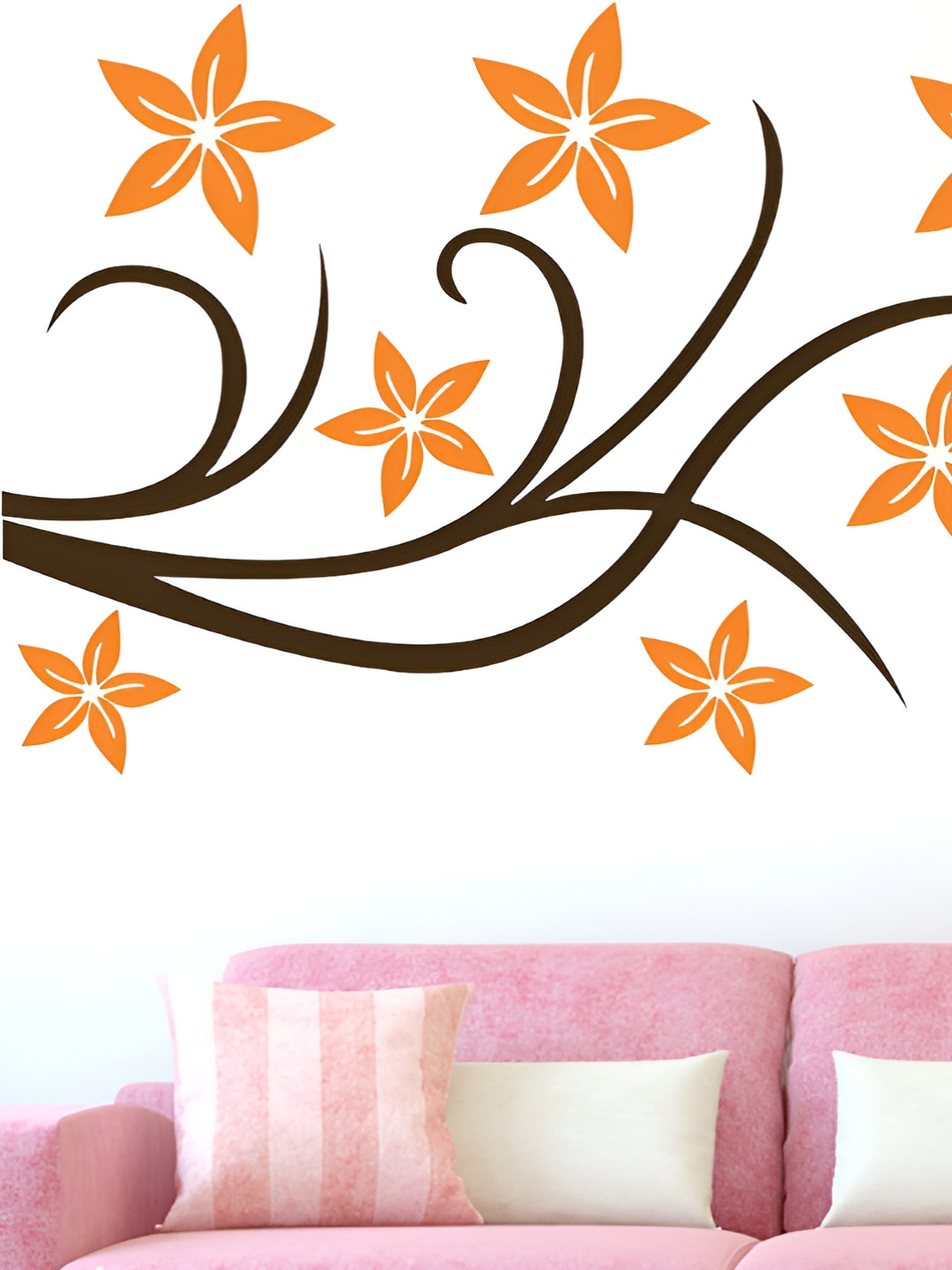 LANSTICK Brown & Orange-Coloured Beautiful Flower Printed Self-Adhesive WallStickers