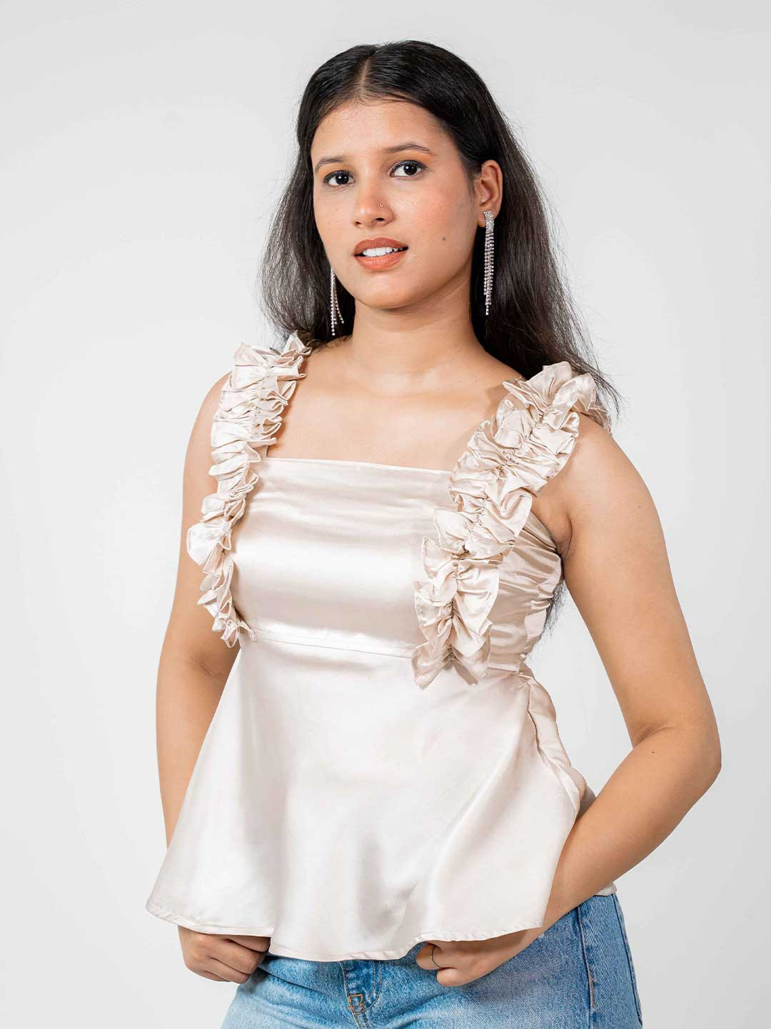 MONOMEE women solid Ruffles Satin Peplum Top