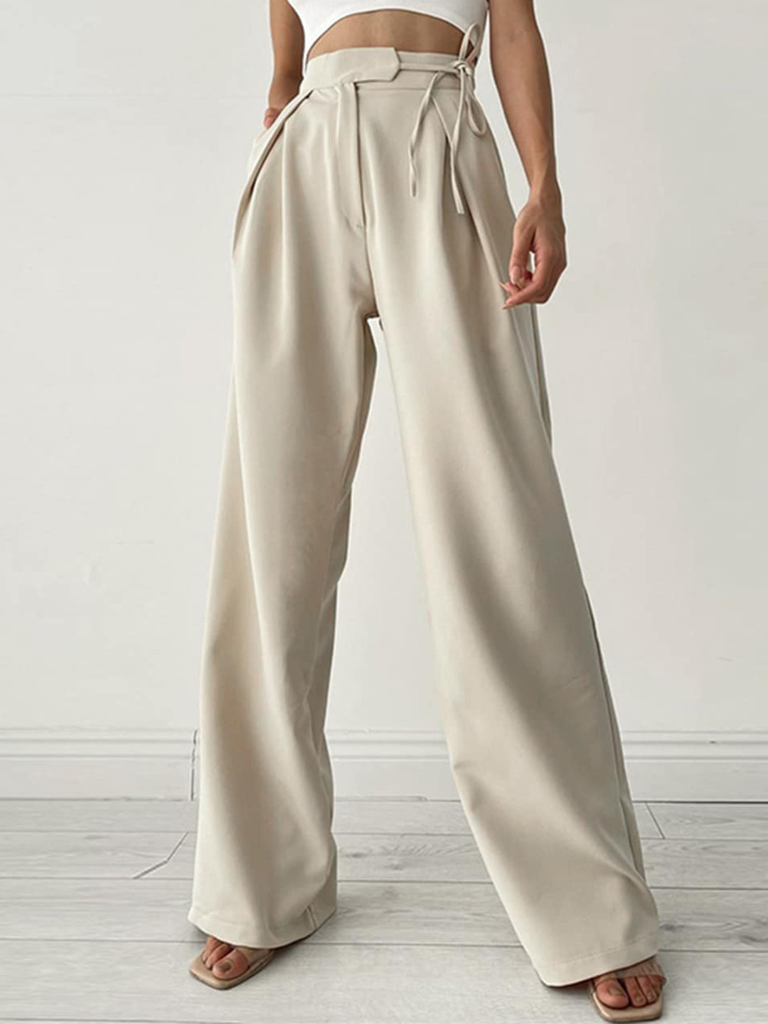 StyleCast Women Cream Original Straight Fit Mid-Rise Plain Trousers