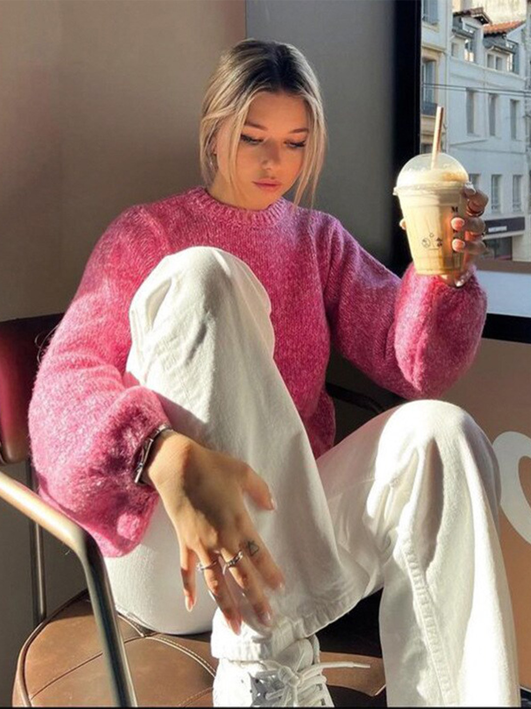 StyleCast Pink Ribbed Round Neck Pullover