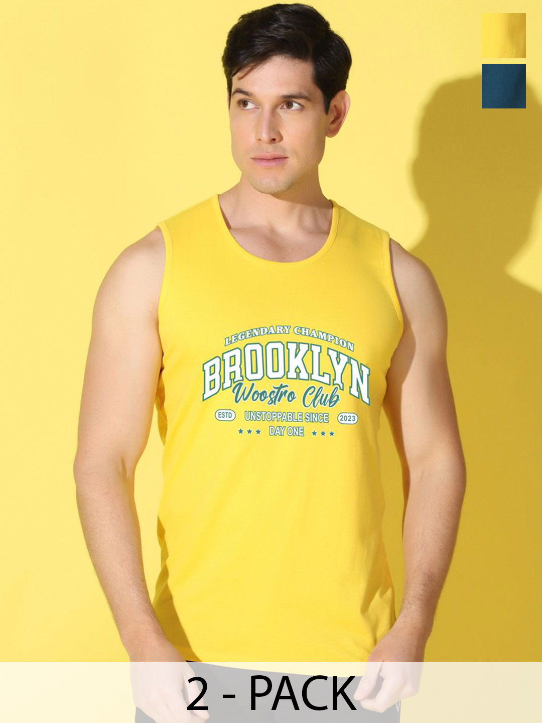 WOOSTRO Pack Of 2 Printed Knitted Gym Vest - VWS26(BKLN YELLOW)(HARD PEACOCK)