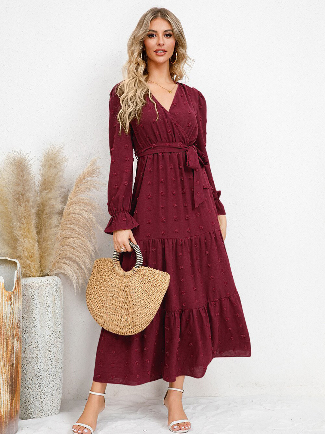 StyleCast Magenta Self Design Maxi Dress with Long Sleeves