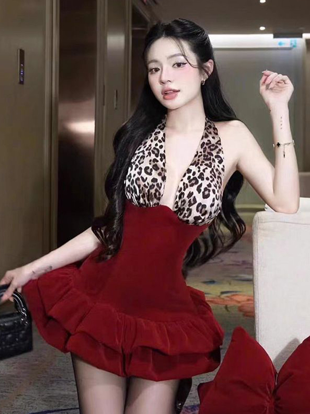 StyleCast Satin Animal Print Halter Neck Fit & Flare Mini Dress