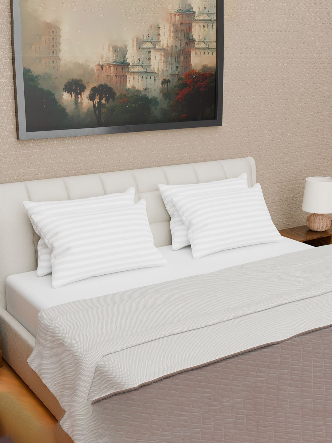 Myntra Elegant Homes White Striped Polyester Set of 4 Medium Cotton Sleep Pillow-15 x 40 x 60 cm