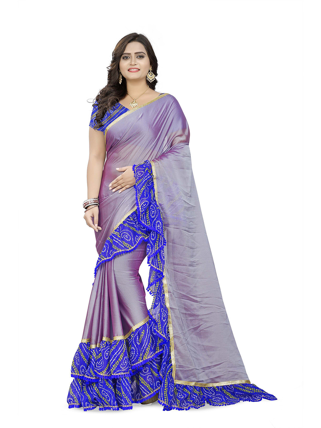 DIVASTRI Bandhani Pure Chiffon Ruffles Saree