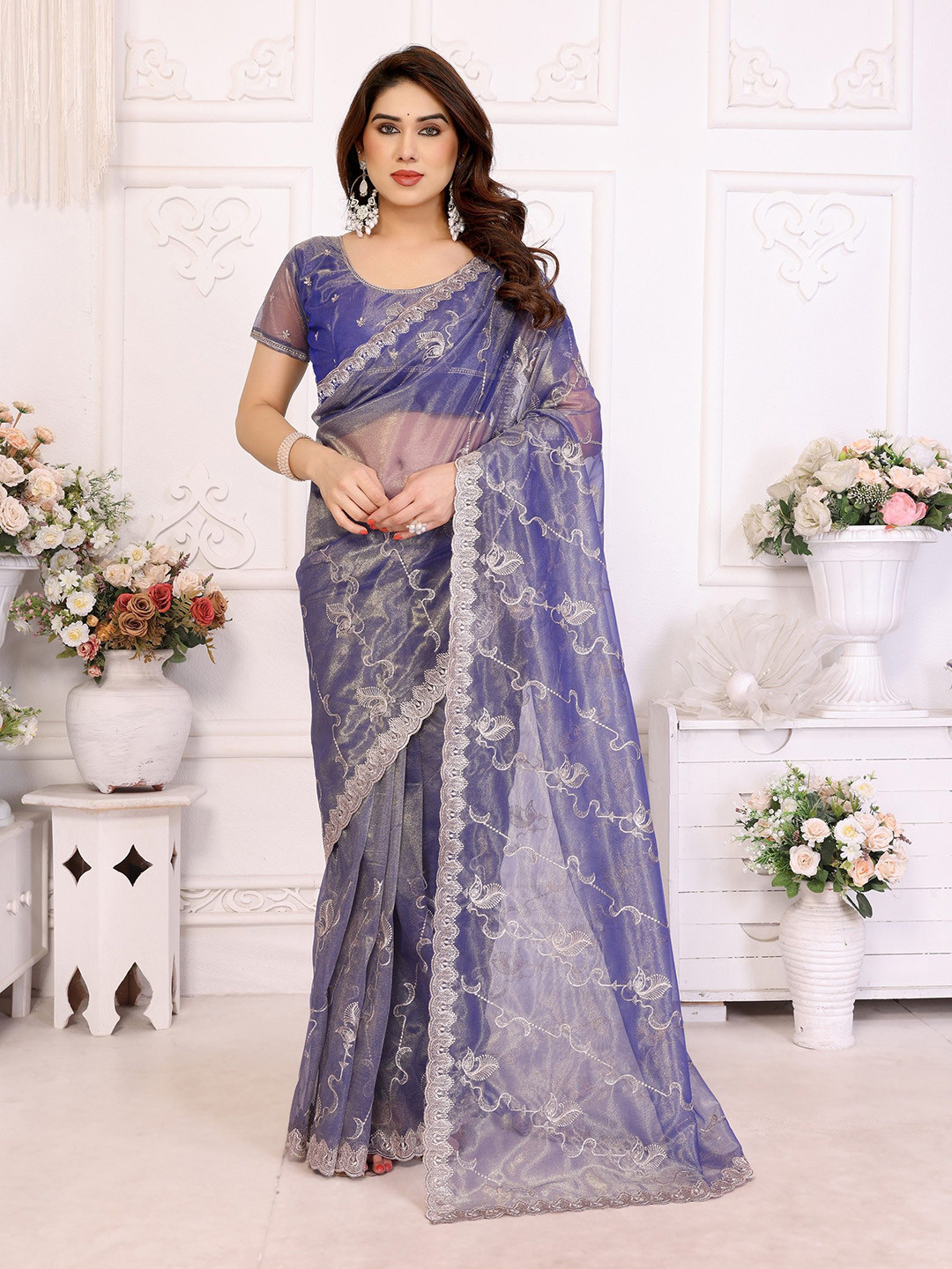 Moda Rapido Women Lavender Floral Embroidered Net Saree