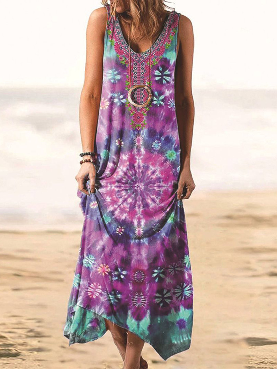 Purple Bohemian Tie-Dye Maxi Dress