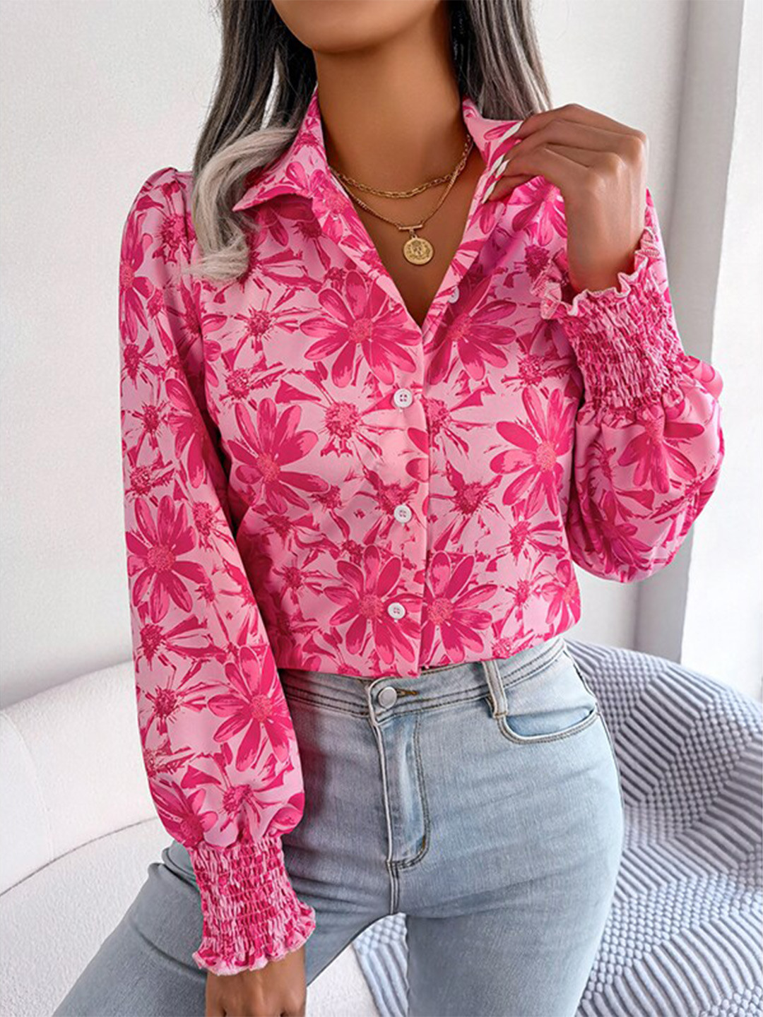 StyleCast Pink Regular Fit Floral Printed Puffed Sleeves Casual Shirt