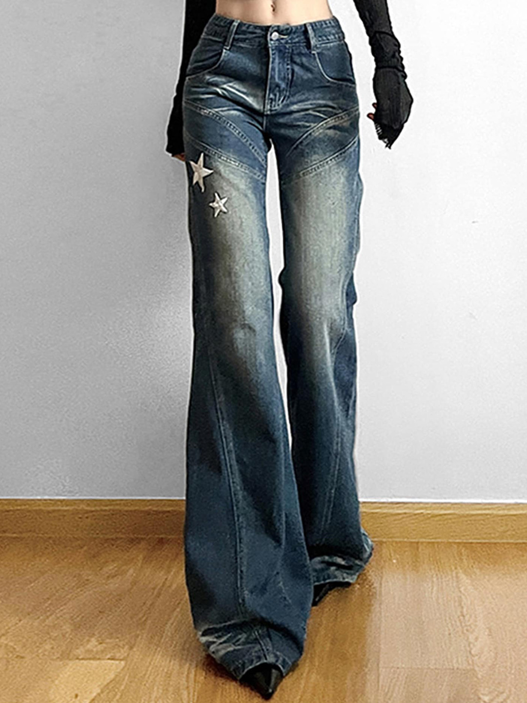 LULU & SKY Women Flared Embroidered Low-Rise Clean Look Heavy Fade Jeans