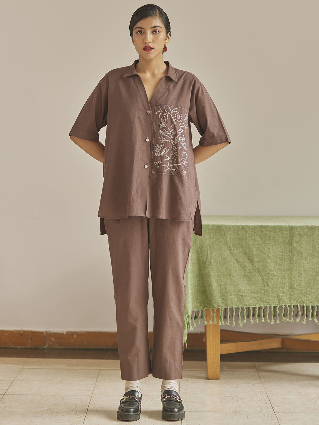 Raas by Ekta Stopping by Woods Floral Embroidered Shirt Collar Shirt With Trousers Co-Ords