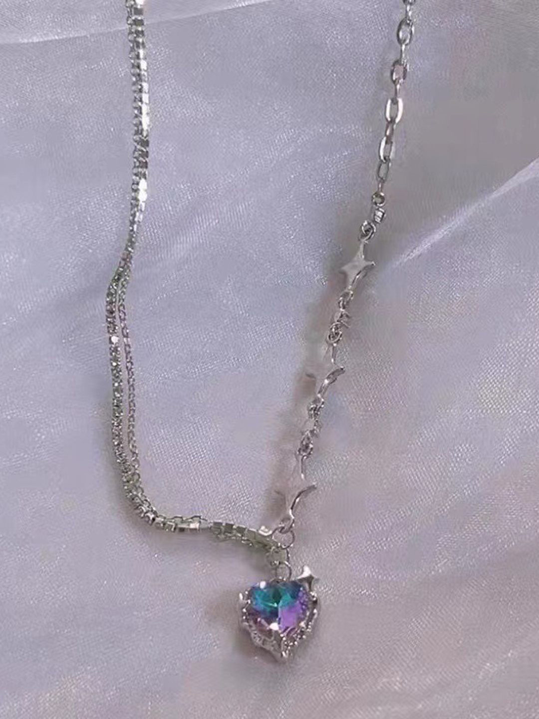 Krelin Stainless Steel Sliver Plated Artificial Stones Studded Layered Minimal Necklace