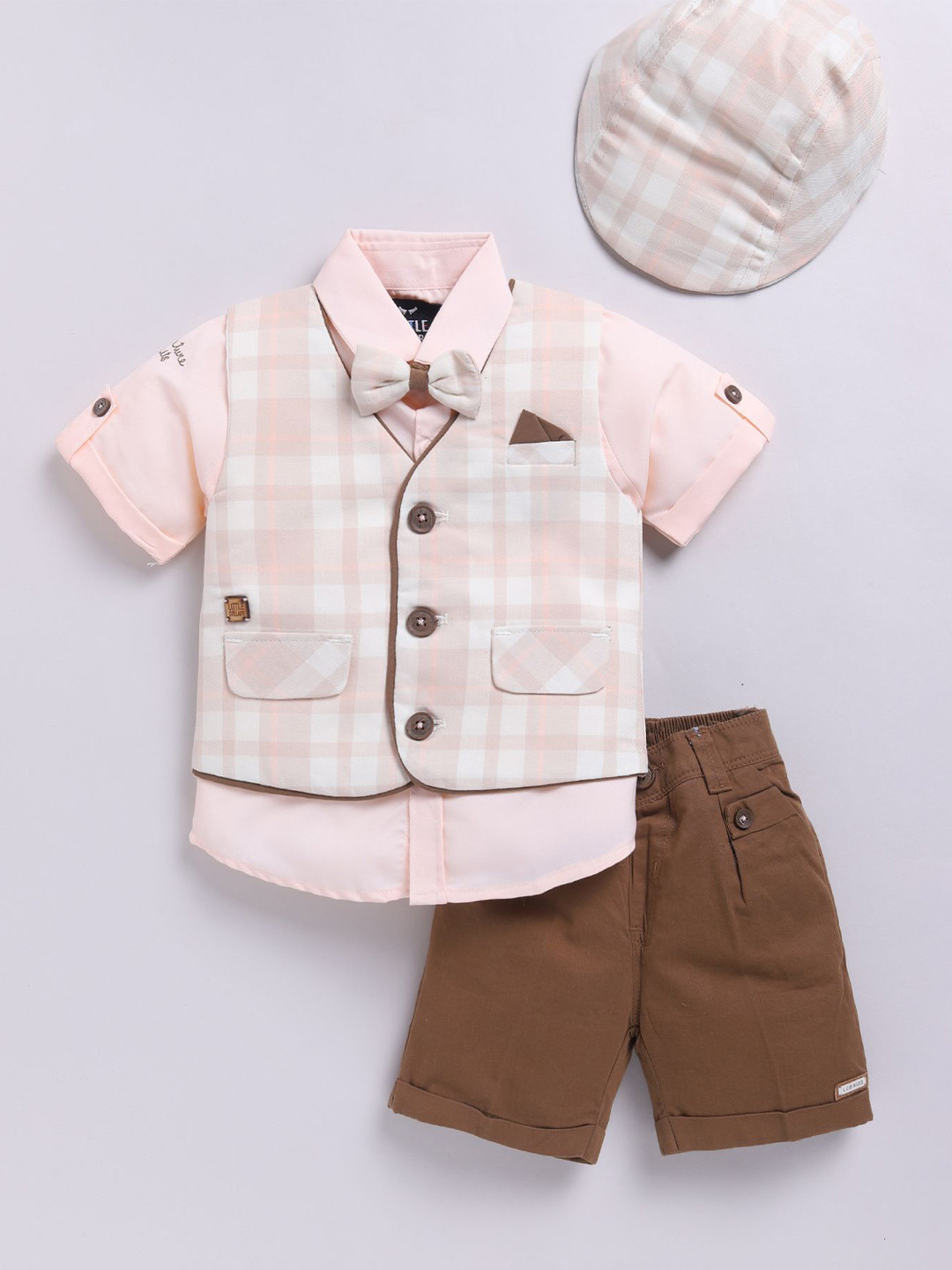 LITTLE COLLARS Boys Short Sleeves Pure Cotton Shirt With Shorts & Waistcoat