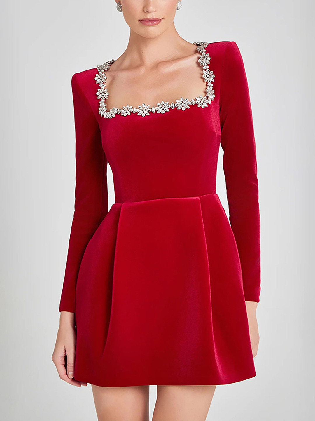 Red Embellished Fit & Flare Mini Dress with Long Sleeves