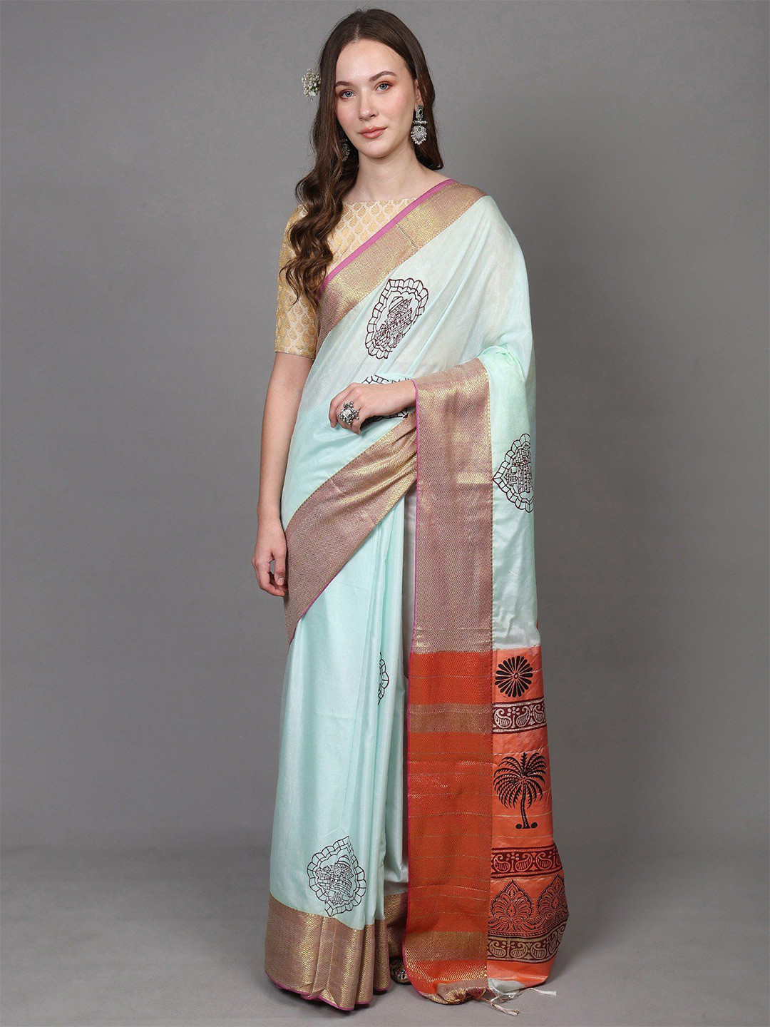 Exotic India Mint-Julep Zari Woven Chevron Border Saree with Printed Coconut Tree & Motifs