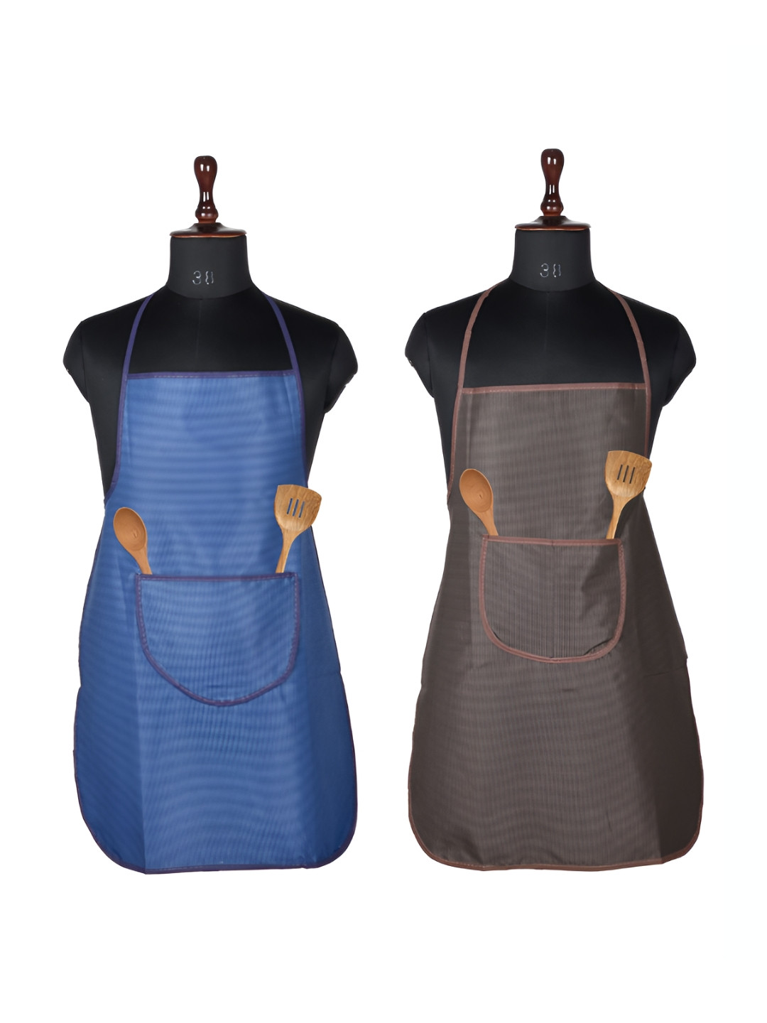 Myntra Elegant Homes 2-Pcs Brown & Blue Checked Kitchen Apron With Center Pockets