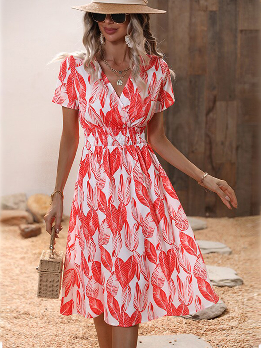 StyleCast Red Tropical Print Smocked Detailed Fit and Flare Midi Dress