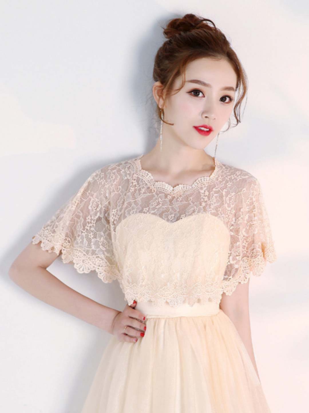 LULU & SKY Beige Floral Cape Sleeves Crop Top