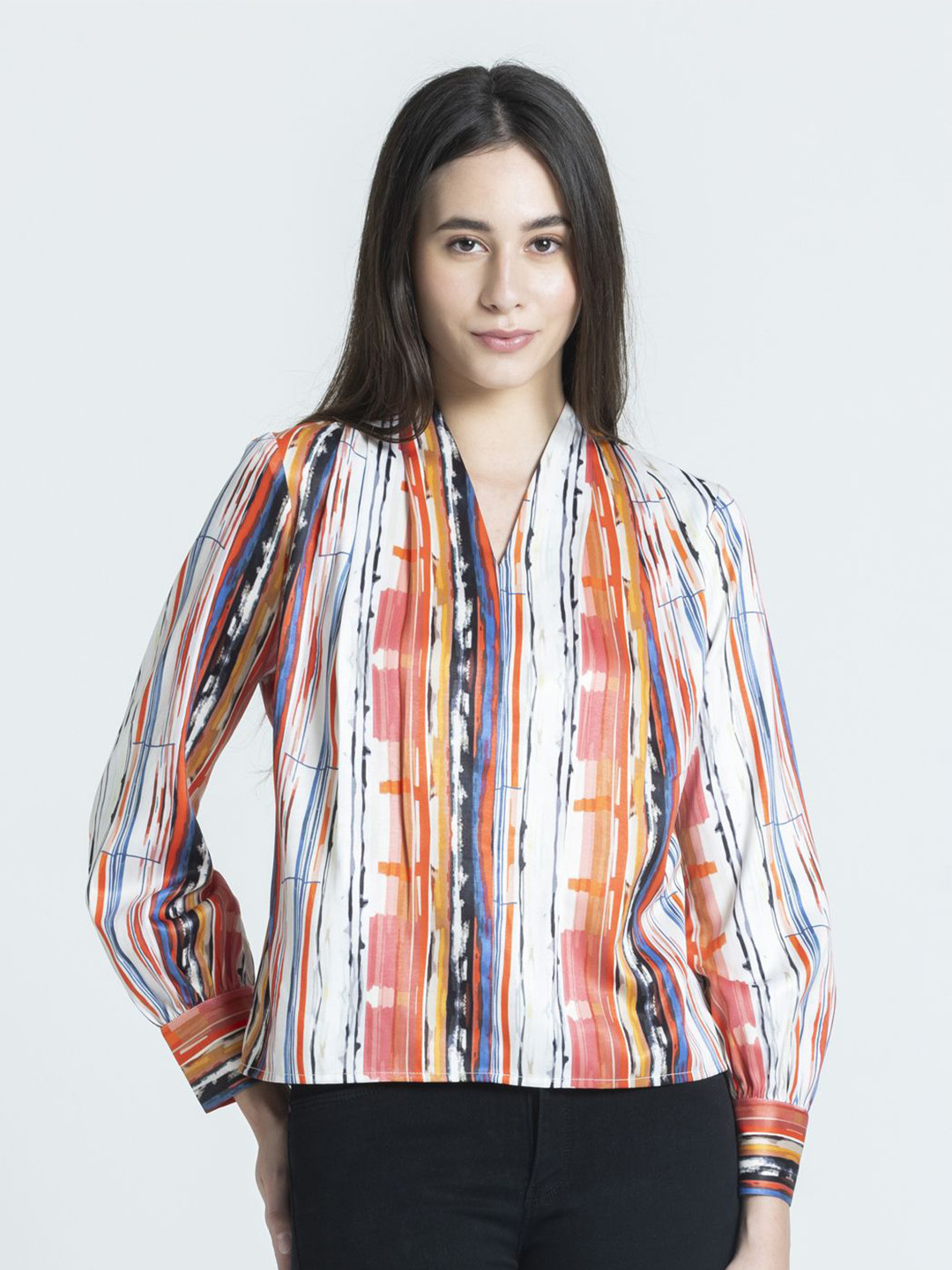 SHAYE White V-Neck Striped Print Full Sleeves Casual Tops For Women