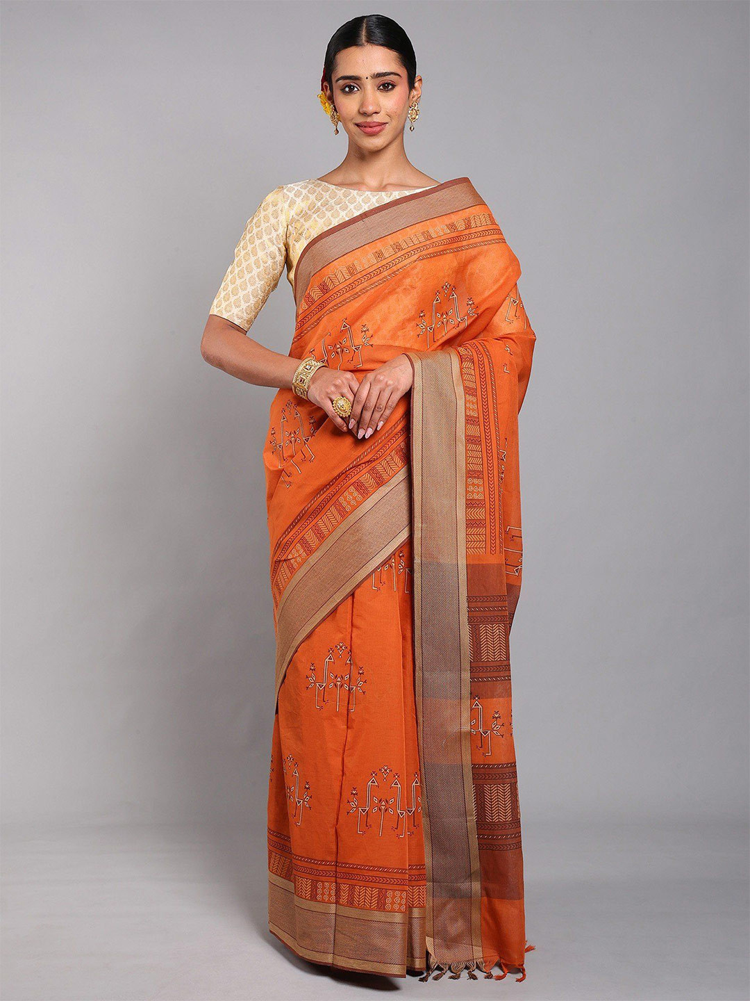 Exotic India Cotton Saree with Printed Motifs and Mini Check woven Border from Telangana