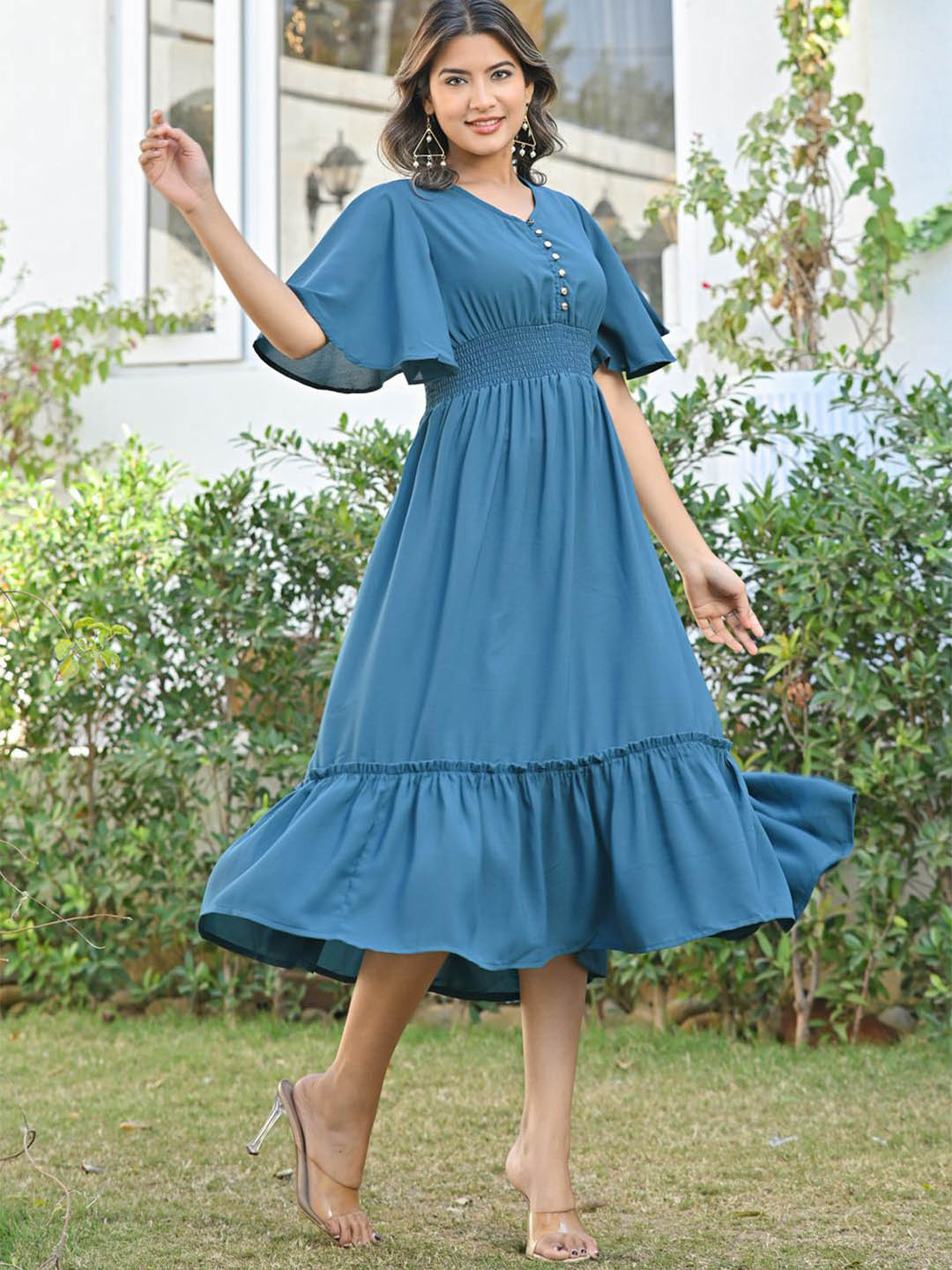 ISHWAR Flared Sleeve Georgette Fit & Flare Midi Dress