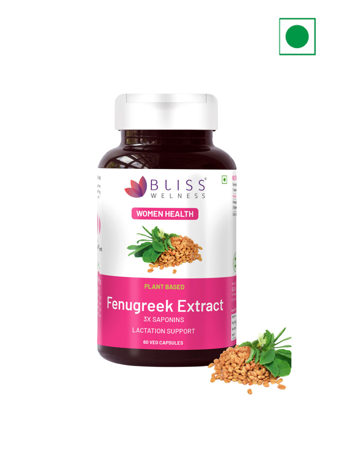 Bliss Welness Fenugreek 3x Saponins Supports Lactation Hair Blood & Sugar - 60 Capsules