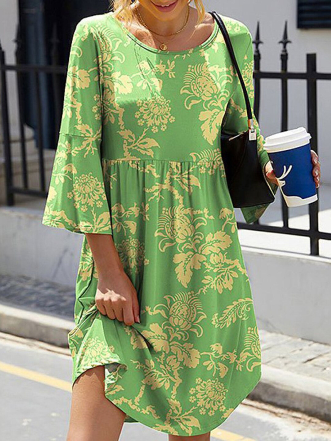 StyleCast Green Floral Printed Bell Sleeve Fit & Flare Dress