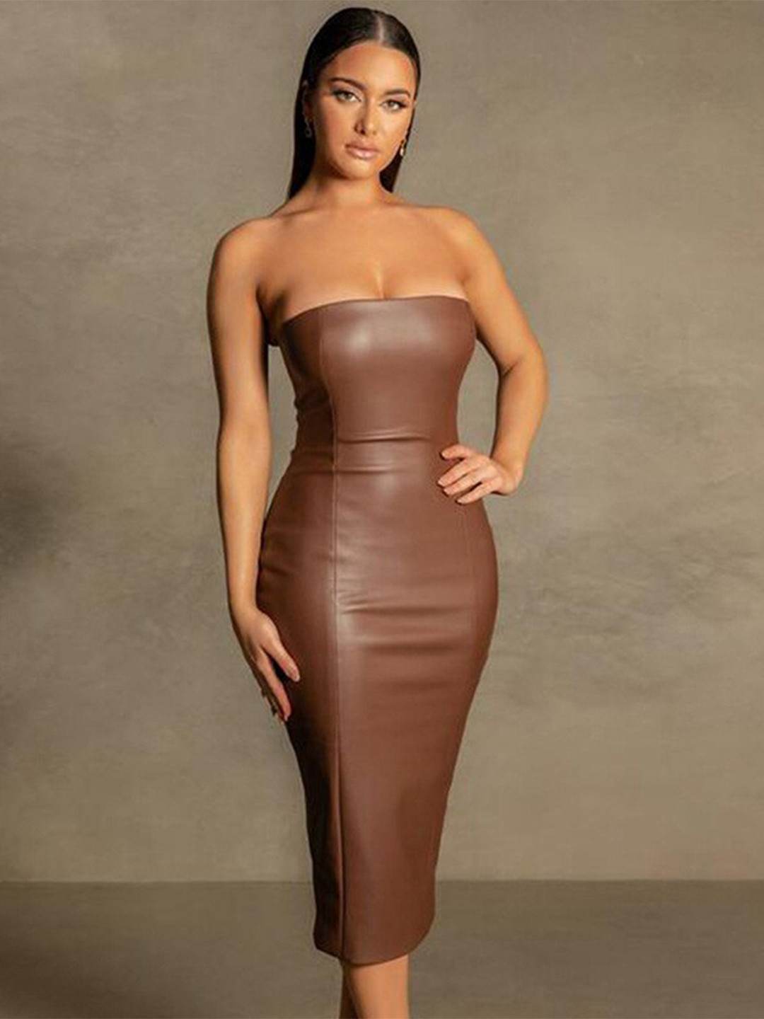 StyleCast Brown Off Shoulder Bodycon Midi Dress
