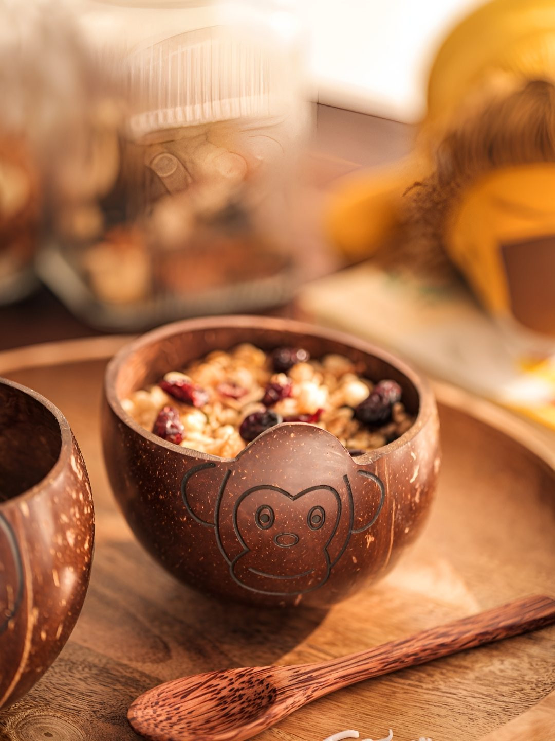 Thenga Brown Monkey Printed Wooden Matte Serving Bowl