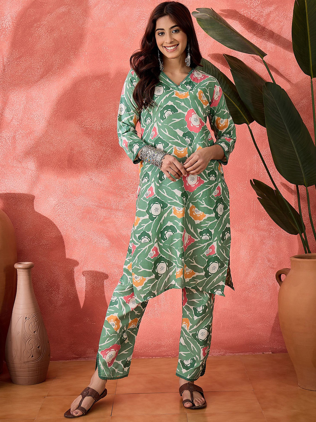 Sangria Floral Printed V-Neck Straight Kurta With Trousers