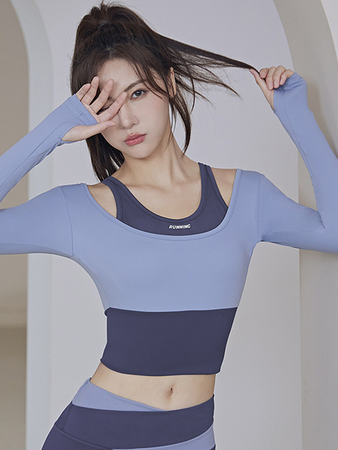 LULU & SKY Blue Colourblocked Crop Sports Top with Long Sleeves