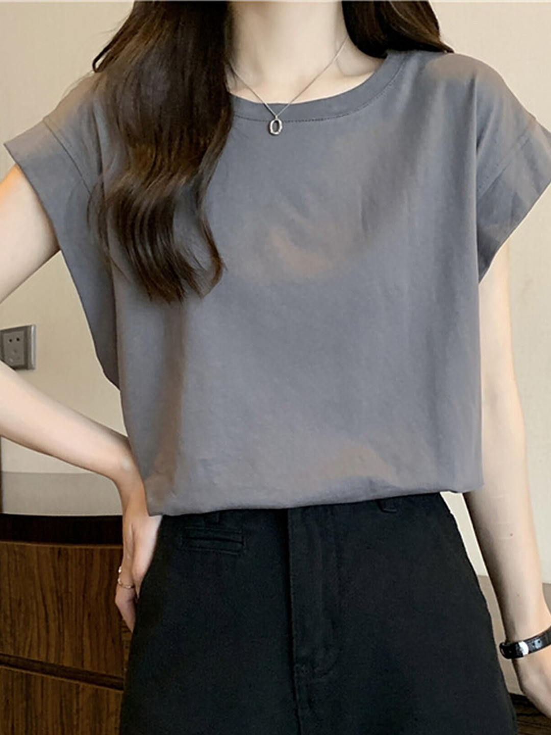 LULU & SKY Grey Round Neck Casual T-Shirt
