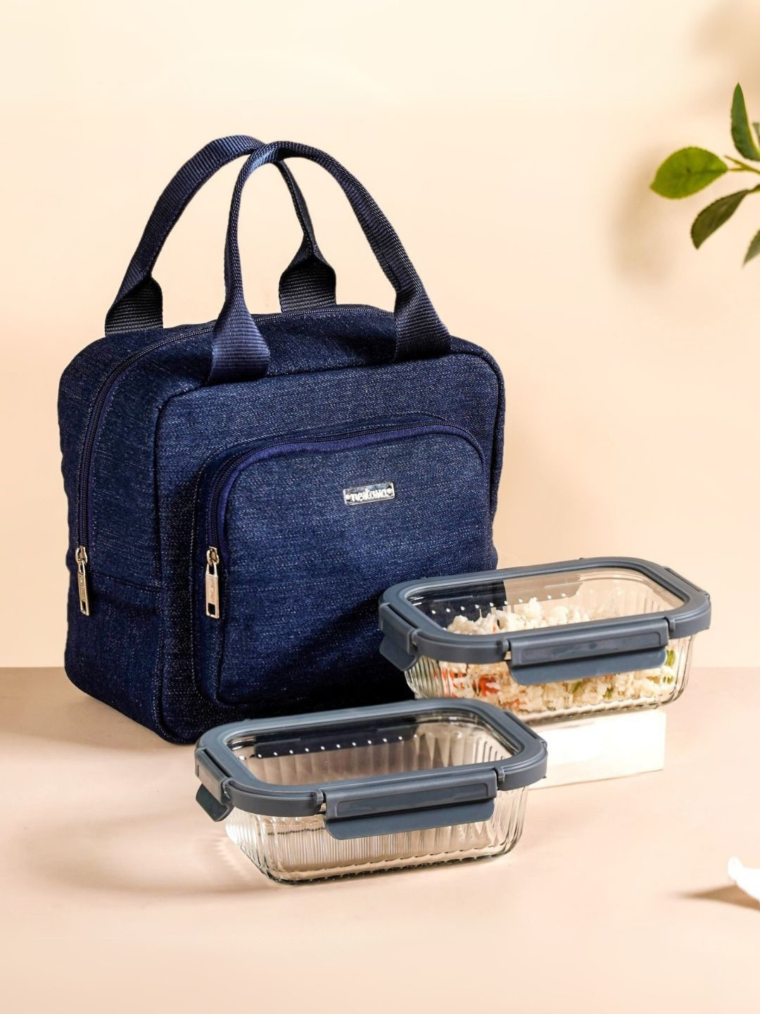 Nestasia Workday Fuel Transparent & Blue 3 Pieces Glass Lunch Box With Lunch Bag