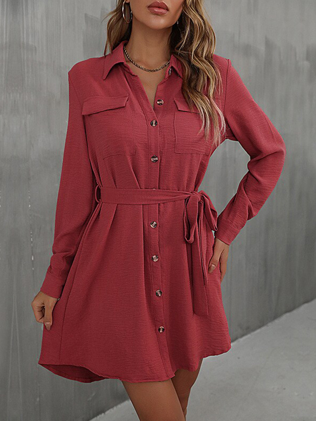StyleCast Rust Tie-Ups Cuffed Sleeves Shirt Dress