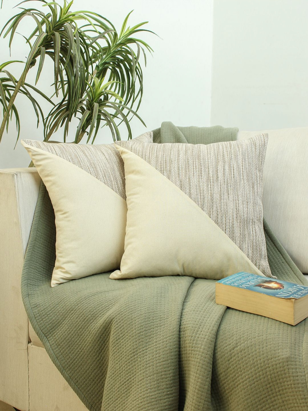 HOMPRIN Two-Two Diagonal Design Geometric Cotton 2 Pcs Textured Cushion Covers -17.7x17.7In