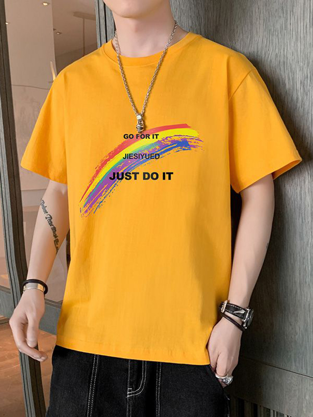 Mustard Men Typography Printed Round Neck Regular Fit T-shirt