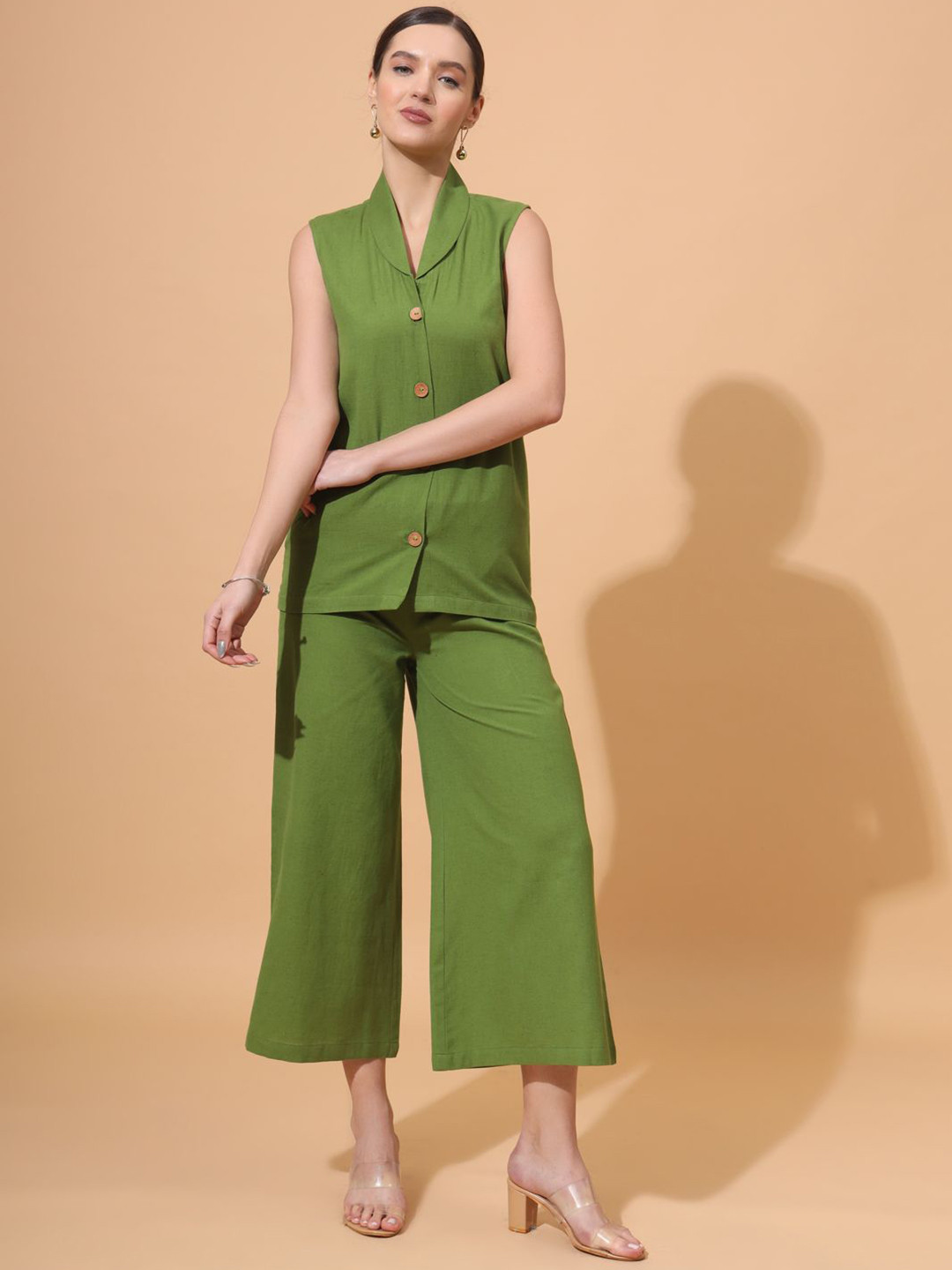 GULABI LEAF V Neck Pure Cotton Waistcoat With Palazzo Co-Ords