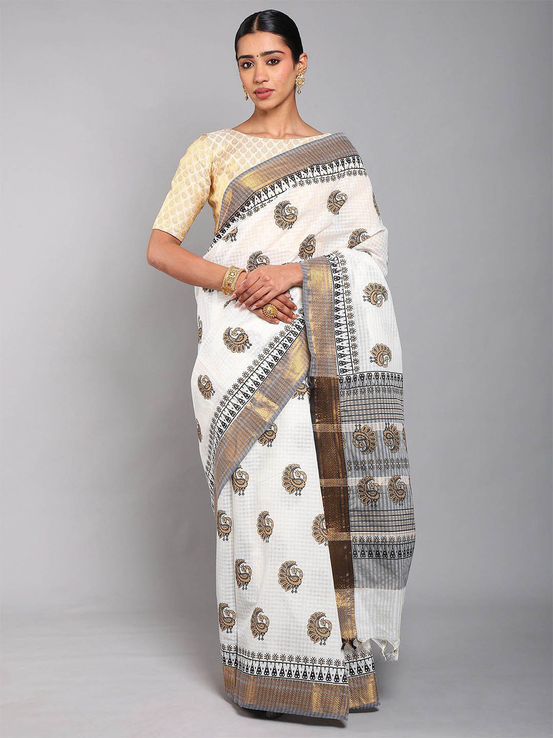 Exotic India Star White Peacock Printed Cotton Telangana Check Weave & Zari Border Saree