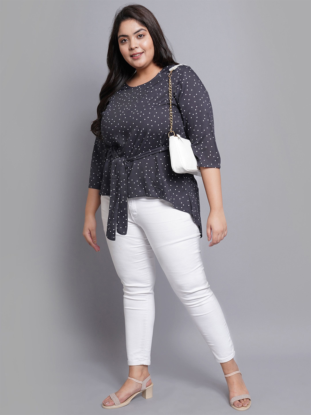 IKRASS Polka Dot Print Monochrome Plus Size High-Low Top