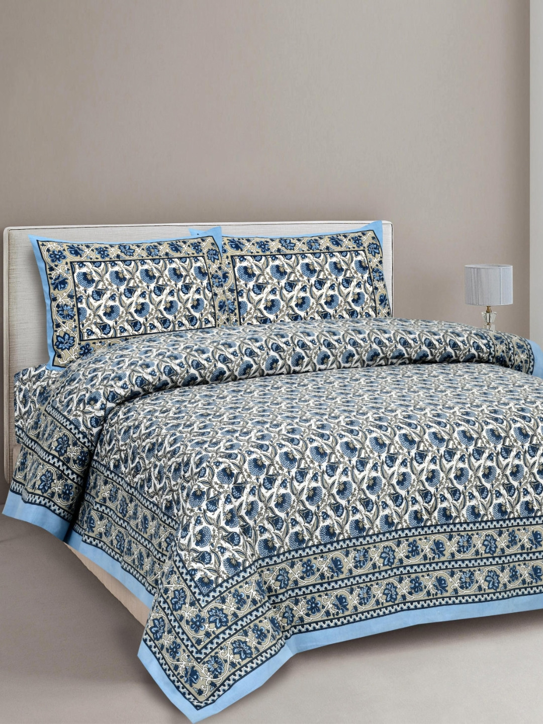 Lali Prints Jaipur Blue Floral Cotton 210 TC King Fine Bedsheet with 2 Pillow Covers-93 x 108 inches