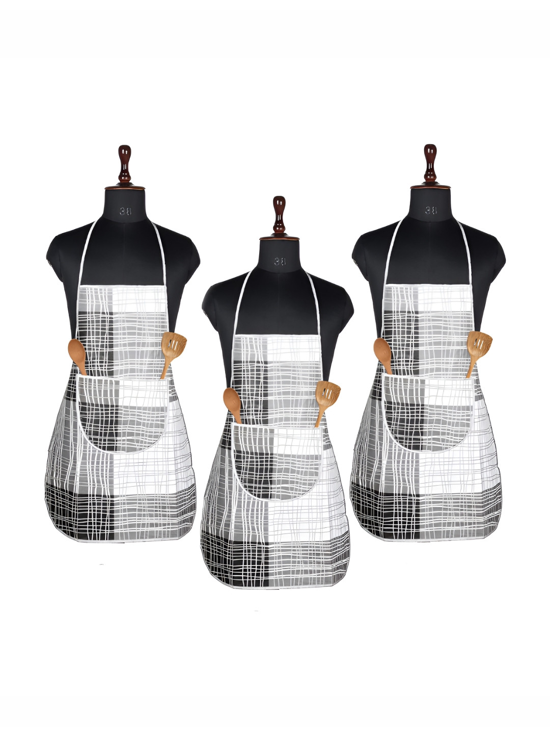 Myntra Elegant Homes 3-Pcs Grey Checked Waterproof Kitchen Apron With Center Pockets